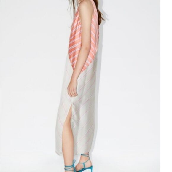 Zara Mixed Print Striped Satin Sleeveless Straight Shift Midi Slip Dress‎ M - Picture 3 of 8
